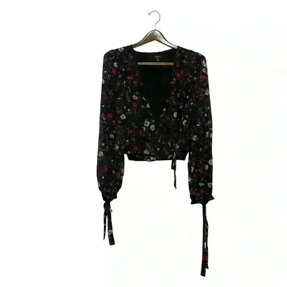 Lulus Balloon Sheer Sleeve Mock Wrap Top Black “Wrapped In Blooms” Size Large - Picture 2 of 10